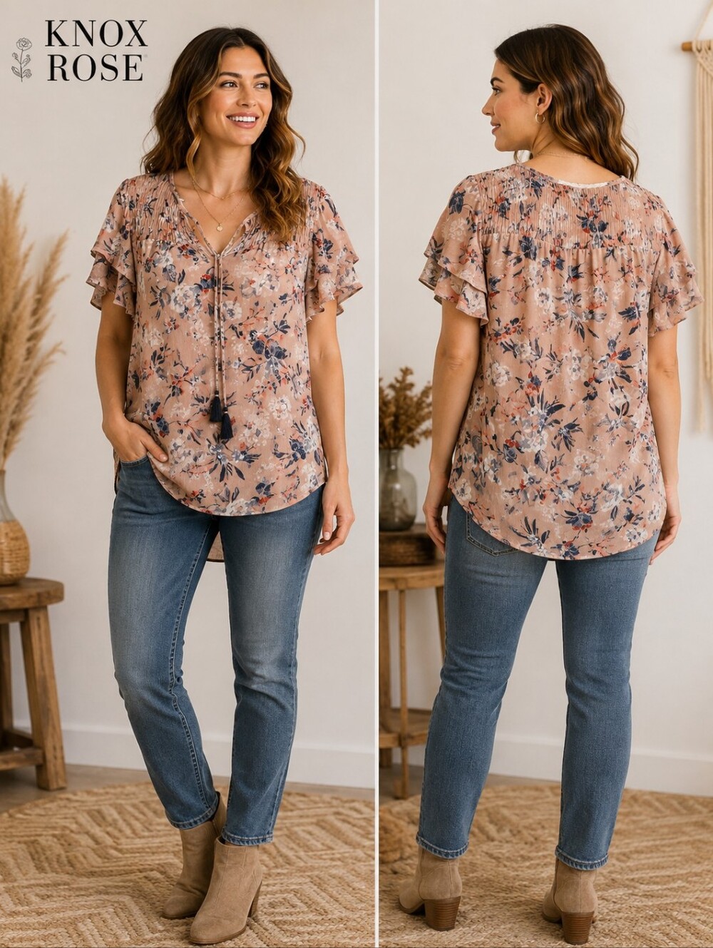 Knox Rose Blouse Large Pink Floral Flutter Sleeve Tassel Peasant Top Size L
